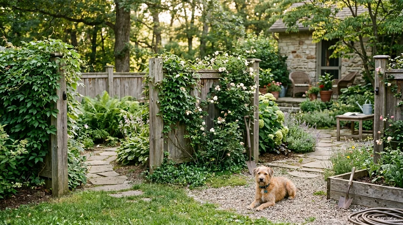 Rustic Wooden Dog Fence With Vines